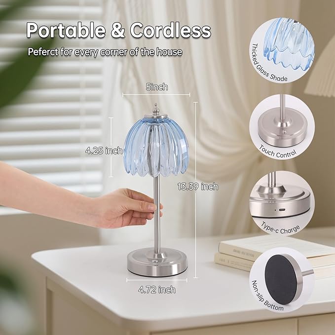 Rechargeable Table Lamp with 5200mAh Battery & Touch Control - 3 Adjustable Color Temperatures, Cordless Dimmable Table Light for Bedroom, Office Desk, Nightstand(Clear Light Blue,1 Pack)