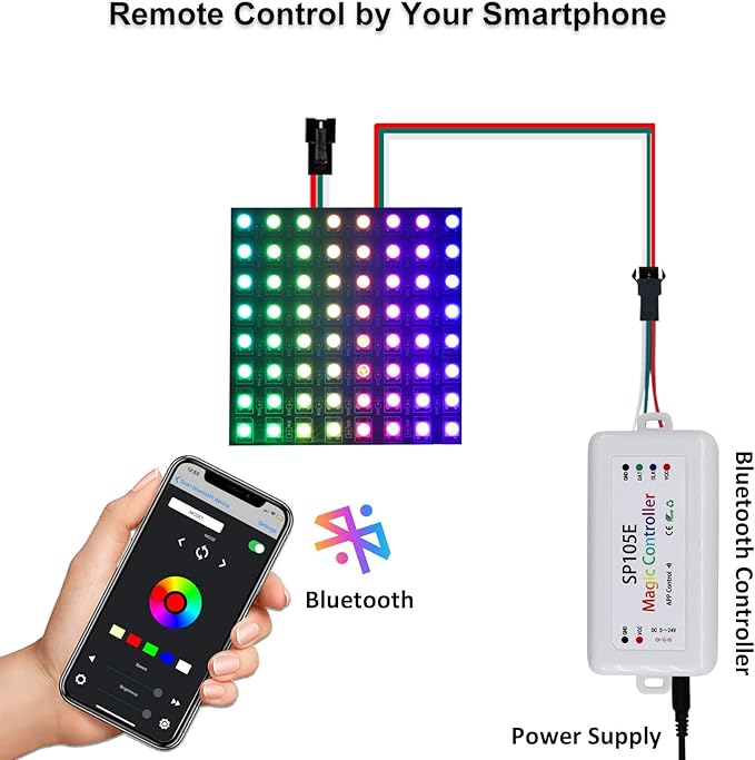 SP105E Led Controller, Ws2812b Controller for Smart IC Led Lights Like Ws2811 SK6812 Ws2815 Ws2813 APA102, Wireless Bluetooth Addressable LED Controller for Indoor Use