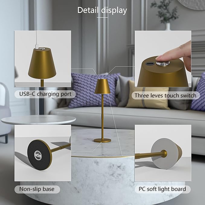 1-Pack Cordless Table Lamps - 5000mAh Rechargeable Battery Operated Desk Lamp, 3-Level Dimmable LED Night Light for Bedroom, Dining, Restaurant - Metal Design (Bronze 1-Pack)