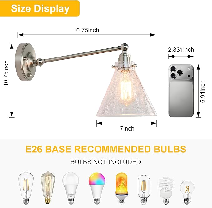 Industrial Vintage Slope Pole Wall Mount Single Sconce with Funnel Flared Clear Glass Shade, Swing Arm Wall Sconce Light Lamp Fixture Hardwired