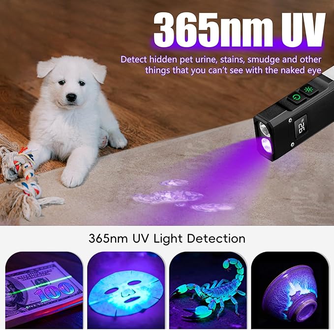 Rechargeable EDC Flashlight, 1800 Lumens Flat Flashlight 9 Mode with White LED/UV/RGB Modes, Magnetic Clip-on Pocket Flash Lights for Camping, Emergency, Repair, Pet Urine Detection, Working - Black