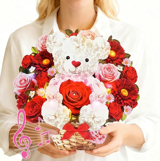 Birthday Card with MUSIC & LIGHTS, Pop Up Mothers Day Card & Anniversary Card, 10 Inch Bear Rose Forever Bouquet Mothers Day Gifts for Her Women Mom Wife