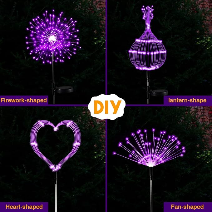 6 Pcs Mardi Gras Solar Firework Lights Solar Lights Outdoor Garden 120 LED 8 Modes Waterproof LED Sparkler Outdoor for Carnival Patio Yard Pathway Walkway (Purple,Orange)