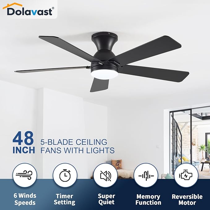 Ceiling Fans with Lights and Remote, 48 Inch Ceiling Fan with Light, Low Profile Reversible Fandelier Ceiling Fan, Dimmable LED, Flush Mount, Quiet DC Motor, for Bedroom Kitchen Dining Room