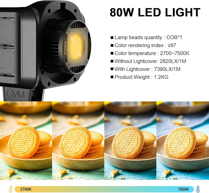 GVM 80W Video Light, Continuous Lighting for Photography with Bowens Mount, 2700~7500K, 44100Lux/0.5m Studio Light with APP, CRI 97+ Bi-Color 8 Scene Lights Support AC Adapter & NP Battery