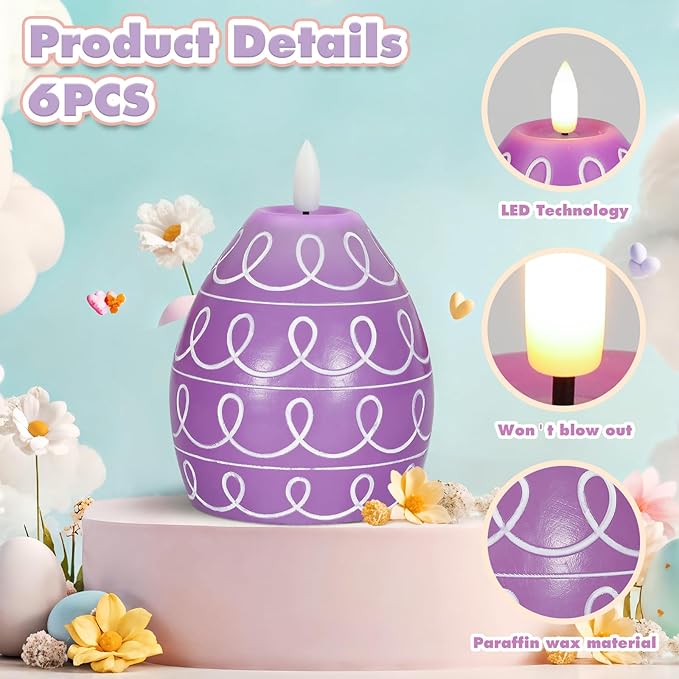 6PCS Easter Egg Flameless Candles,3 Color Scented Real Wax LED Candle,Egg Shape Flame Candle Set for Party Supplies Home Living Room Bedroom Party Decoration Centerpiece Easter Gifts Home Decor