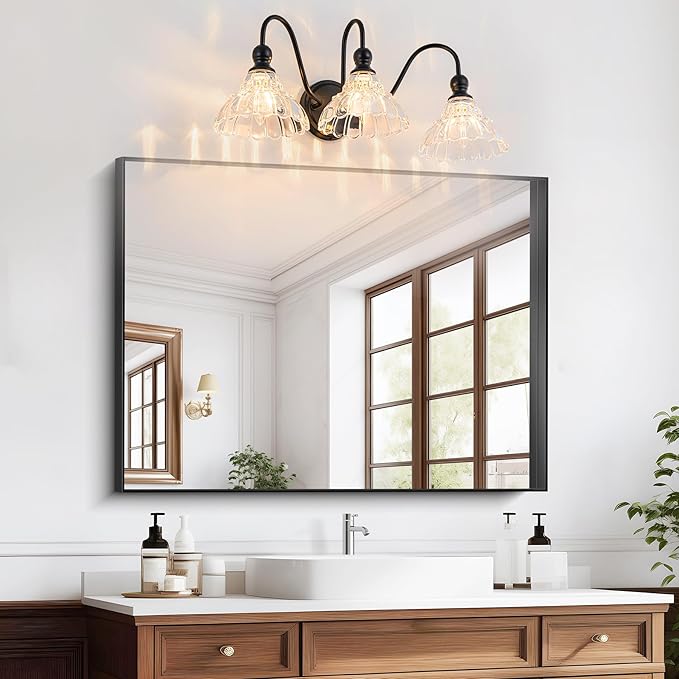 Vintage Bathroom Light Fixtures Over Mirror, 3-Light Black Wall Sconce Lighting with Flower Glass Shade, Farmhouse Vanity Lights for Bedroom Kitchen Living Room Hallway Light