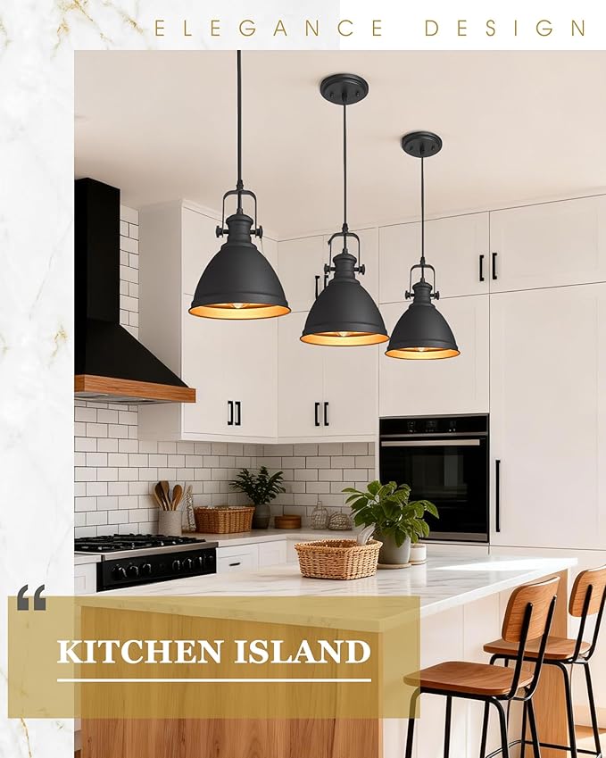 Black Pendant Lights Kitchen Island, 8" Farmhouse Hanging Lights Fixtures with Metal Shade, Rustic Kitchen Pendant Lighting Over Island for Dining Room, AD-2151-1PM-BK