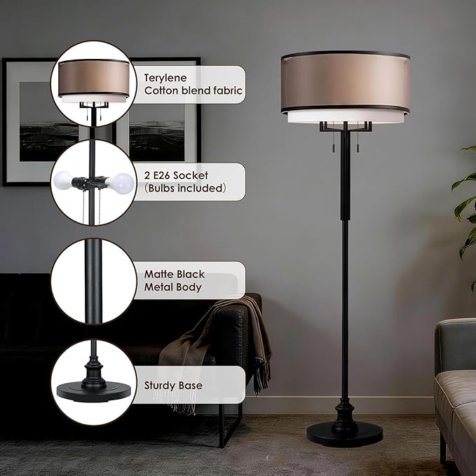 High-end Floor Lamps, Dimmable Standing Light, 3 Color Temperatures, Stepless dimming, Black Floor Lamp with Remote & App Control, Floor Lamp for Bedroom, 2 Bulbs(Included)