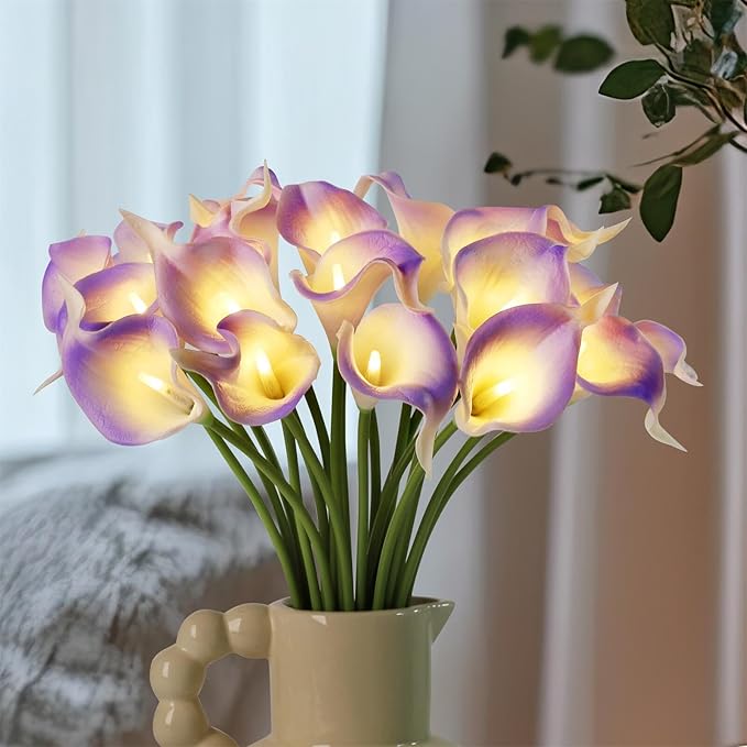 20pcs Lighted Artificial Calla Lily Bouquet Faux Floarl Night Light Real Touch Flower Night Light LED Calla Lily lighted Artificial Flower for Holiday Gifts Home Kitchen Decor(Light Purple, No Vase)