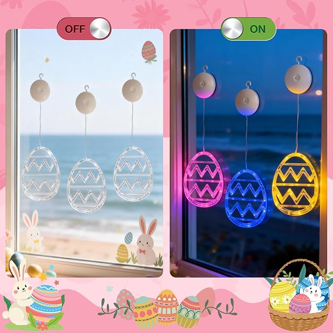 Easter Window Lights Decorations, 3 Pack Easter Hanging Window Decor Pink Yellow Blue Egg Lights with Suction Cup, Indoor Battery Operated Egg LED Holiday Lamp for Home Door Window (Pink Yellow Blue)