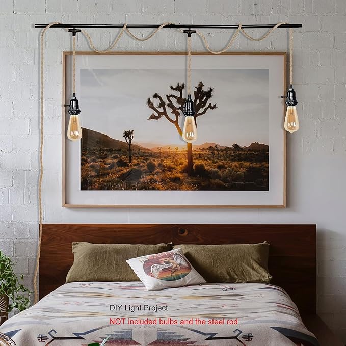 3 Light Hemp Rope Plug in Pendant Light Rattan Hanging Lights with Plug in Cord with Woven Lamp Shade, Plug in Cord Hemp Rope Hanging Lamp