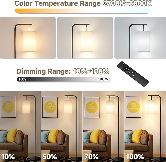 Floor Lamp for Living Room, 9W LED Bulb, Remote Custom Color Temperature & Brightness, Tall Standing Lamps for Bedroom Office Kid Room, Black