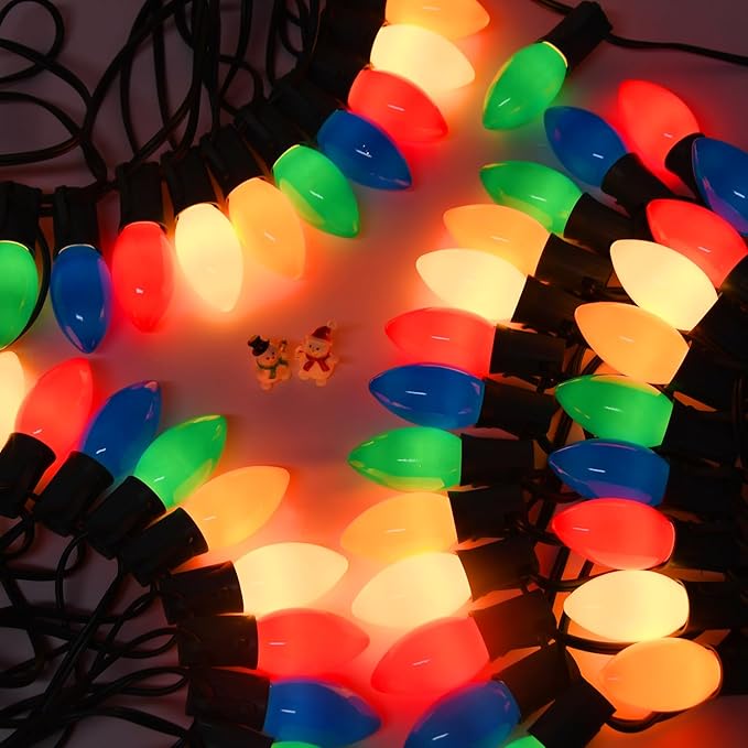 50FT C9 Multicolor Christmas Lights Outdoor, Vintage Christmas Lights Green Wire with 50+5 Multicolored C9 Ceramic Bulbs, Hanging String Light for Xmas Tree Home Yard Party Decor, 7W, E17 Base