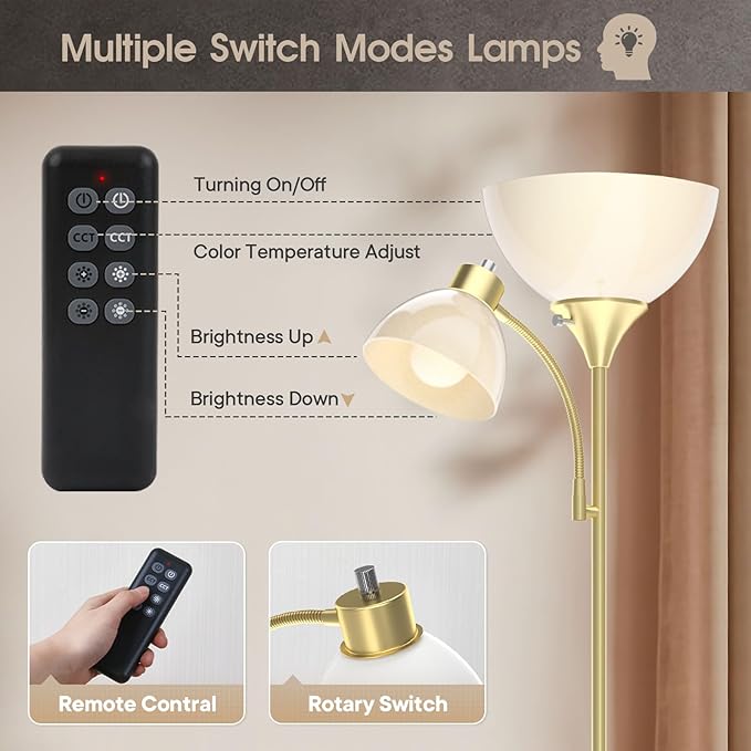 GERGO Led Floor Lamp, Super Bright 11W+7W 2100LM Torchiere Floor Lamps for Living Room, Stepless Adjustable 4 Color Temperatures 3000K-6000K with Remote Control for Bedroom(Golden)