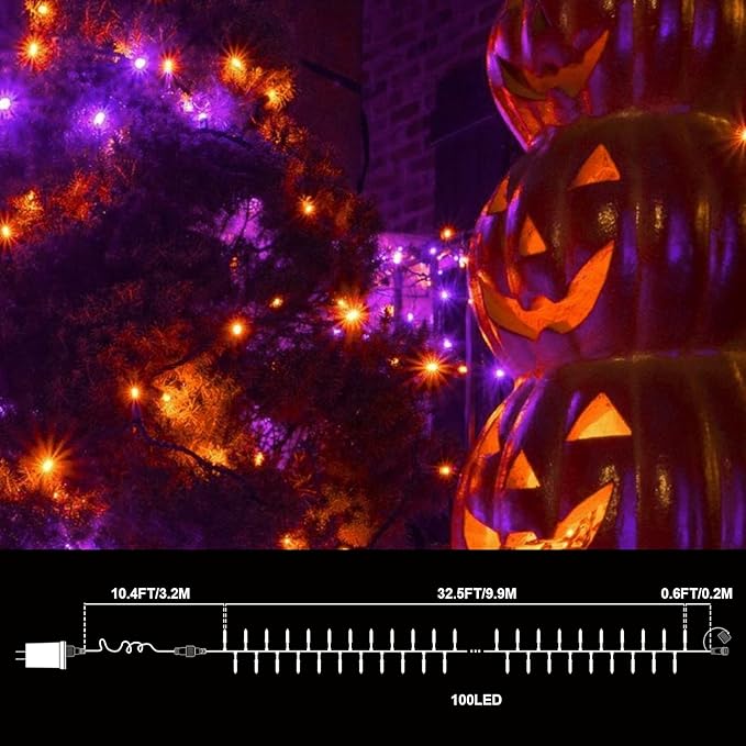 LAMPHOME Orange Purple Halloween String Lights Outdoor, 32.5FT 100 LED Waterproof Christmas Lights with 16 Lighting Modes for Halloween Garden Party Christmas Xmas Tree Lights Decor