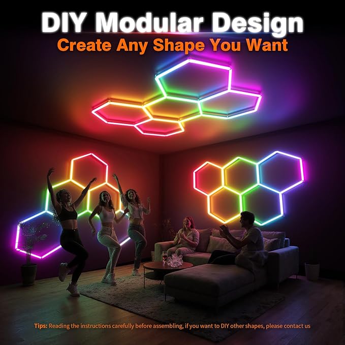 RGB Hexagon Garage Lights, Music Sync LED Hexagon Lights for Gaming Room, Smart App & Remote Control, DIY Honeycomb Ceiling Light for Studio Gym Basement Decor