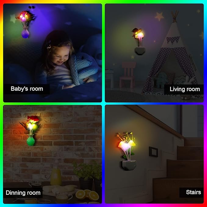 Mudder 4 Pcs Sensor Mushroom Night Lights LED Night Lights 7 Color Changing Plug-in Light Sensor Wall Lamp for Adults Bedroom, Bathroom, Christmas Party Gift(Red Lilies, Purple Lilies, Rose, Tulip)