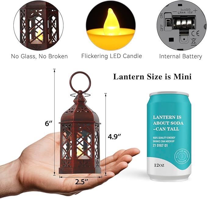 12-Pack Mini Moroccan Lanterns with LED Candle for Ramadan, Wedding, Small Decorative Lanterns for Baby Shower & Table Centerpiece, Ornament, Western Cowboy Party Decor, Red Brushed