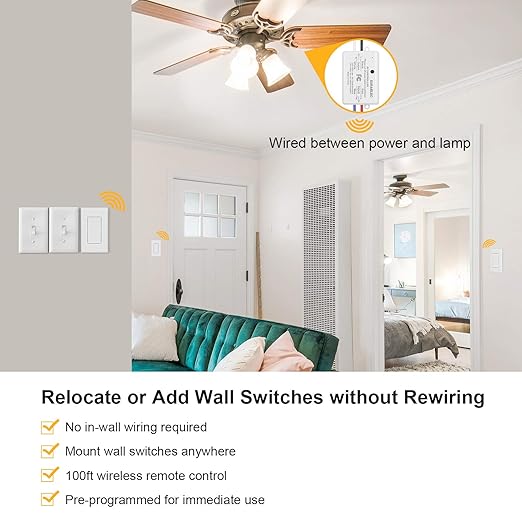 Suraielec Wireless Remote Light Switch, No Wiring, No WiFi, 100ft RF Range, Pre-Programmed, Expandable Wireless Wall Switch and Receiver Kit, Remote Control Light Fixture for Lamp, Ceiling Light, Fan