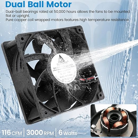GDSTIME 120mm x 38mm 12V DC IP68 Waterproof Fan, High Speed Dual Ball Bearing Brushless Computer PC Case Exhaust Cooling Fan 2Pin for RV Refrigerator Solar Battery Box Ventilation, 2 Pack
