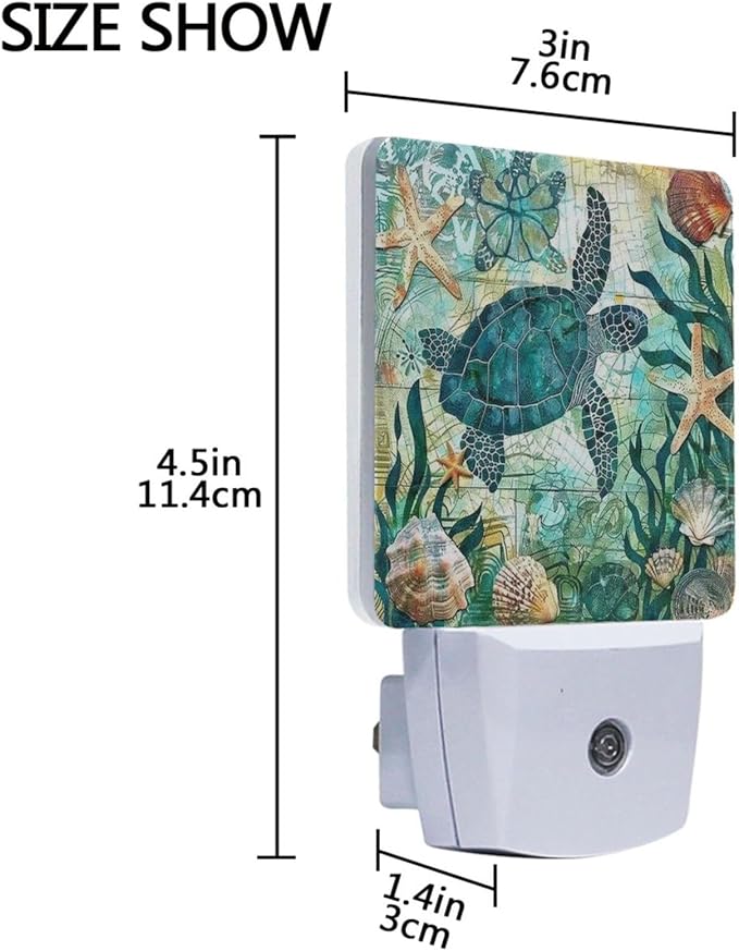 Vdsrup Vintage Ocean Turtle Night Light Set of 2 Sea Starfish World Map Plug-in LED Nightlights Auto Dusk-to-Dawn Sensor Lamp for Bedroom Bathroom Kitchen Hallway Stairs