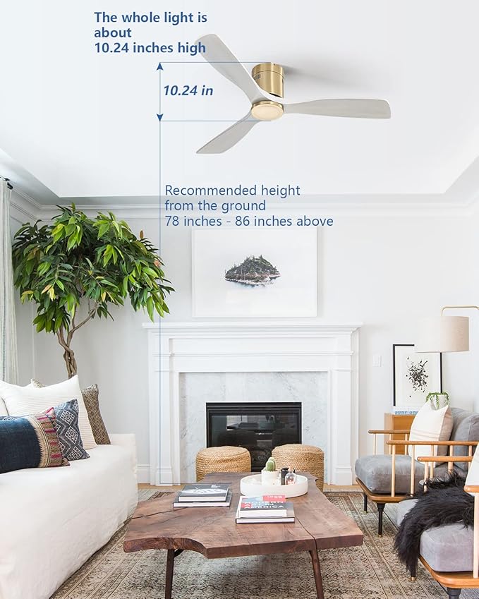 52'' Low Profile Ceiling Fans No Light with Remote Control, Flush Mount Ceiling Fan Without Lights,Outdoor Ceiling Fan for Patios Noiseless DC Motor,White wood blades Golden body