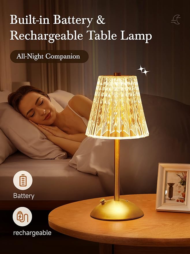 Valentines Gifts, Cordless Lamp, Crystal+Dimmable+3 Colors Rechargeable Lamp, Touch+2000mAh Battery Operated Vintage Ambient Light for Kitchen/Bedroom/Bathroom Shower, College Gifts for Teenage Girls