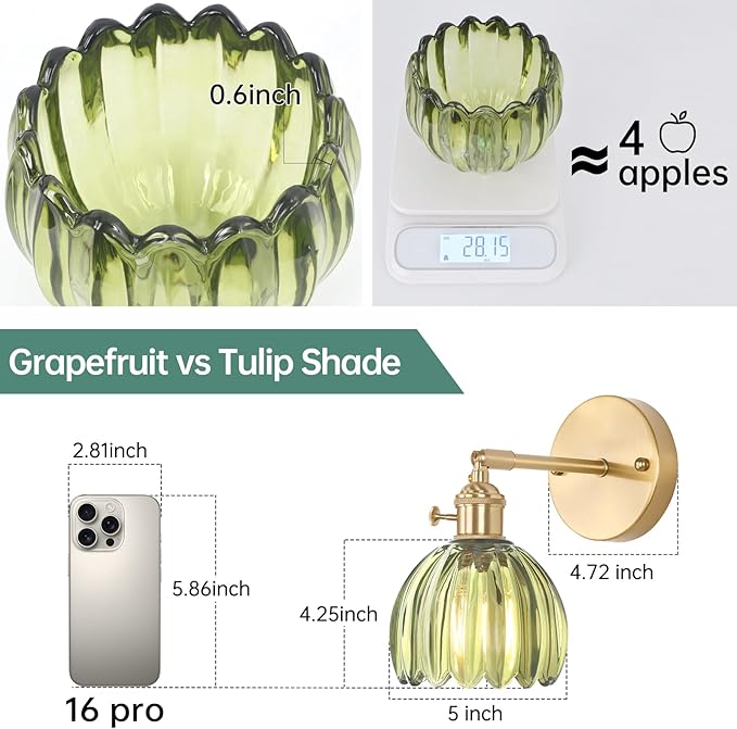 Vintage Wall Sconces with Cute Green Tulip Glass Lampshade 180 Degree Adjustable Brass Sconces Hradwired Modern Wall Lighting Fixture with Switch for Bedside Bedroom Doorway