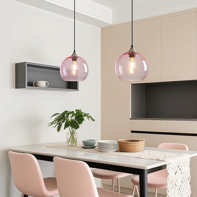 Pink Glass Pendant Lights Kitchen Island Lighting Globe Pendant Light Fixtures Modern Pendant Lighting for Bedroom Living Dining Room Light Fixture (7.87 in, 2 Pack)