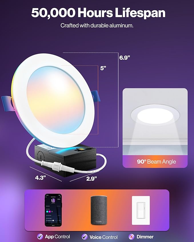 Sunco 2 Pack 6 Inch Smart Ultra Thin LED Recessed Ceiling Lights with Night Light, Tunable CCT 2700K to 6000K, Dimmable, 15W, Smooth Trim, Canless with Junction Box.
