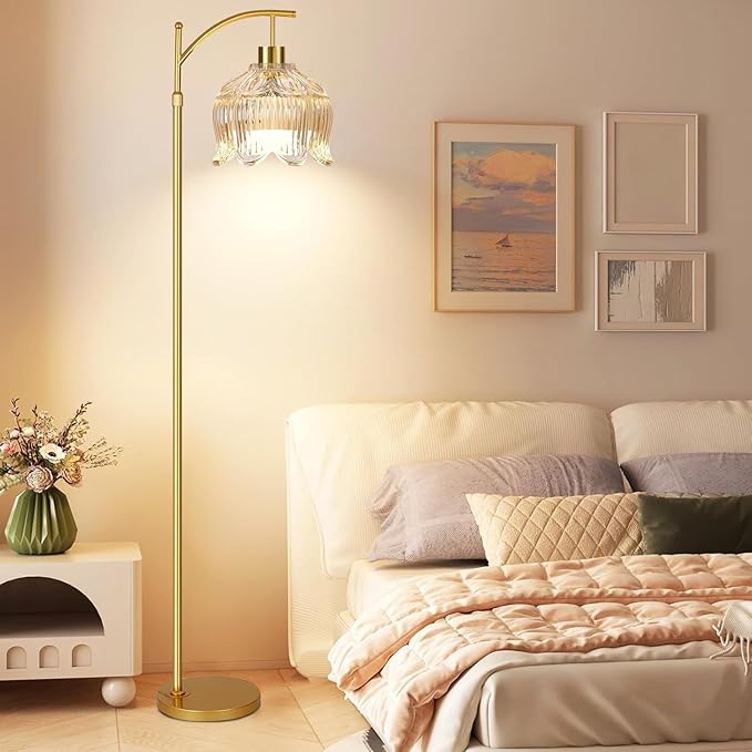 Floor Lamp for Living Room,Bedroom,Gold Dimmable Standing Lamp with Remote,Mid Century Modern Brass Tall Lamp Boho Floor Lamps Arc Stained Glass Tulip Flower Floor Light Lamp Girls Bohemian