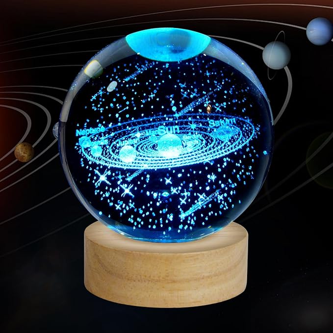 3D Solar System Crystal Ball Night Light, Upgraded 3.15 Inch Glass Ball Lamp with 16 Color LED Wooden Base, Solar System Model Desk Decor Birthday Christmas Space Gifts for Kids Friends