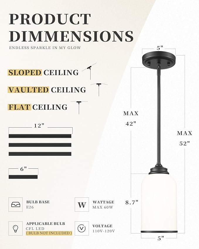 LIROUVET 2 Pack Pendant Lights Kitchen Island, Modern Pendant Lights, Black Hanging Lamp with Milk Glass, Industrial Pendant Light Fixtures for Dining Room PL02 MGBK-2PK