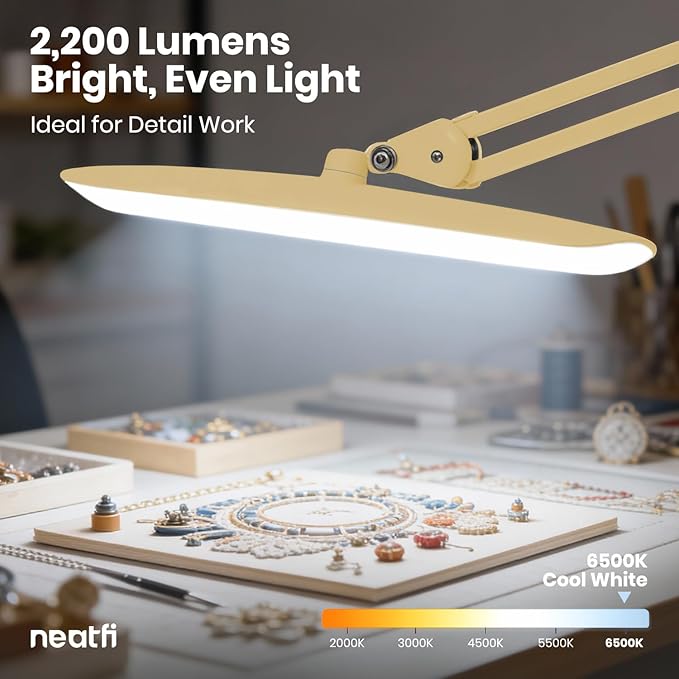 Neatfi XL LED Desk Lamp with Clamp, 2200 Lumens, 24W, 20-Inch Wide Head, Dimmable 4 Brightness Levels, Task Light for Home Office, Crafts, Workbench (Non-CCT, Gold)
