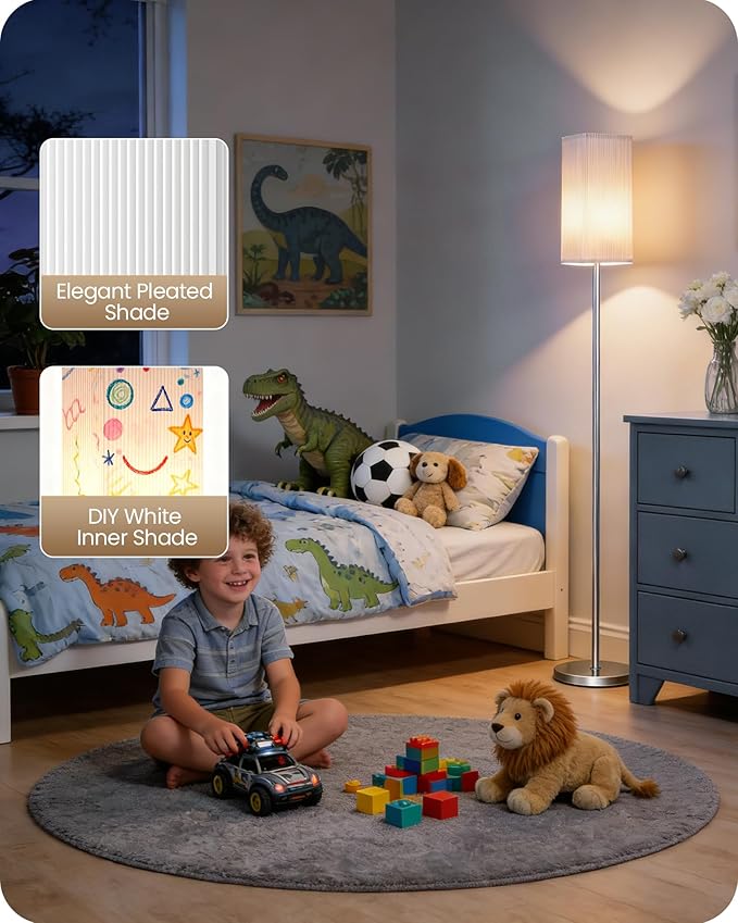 64.2''Dimmable Floor Lamp for Living Room with Remote and Foot Switch, Corner Floor Lamp for Bedroom, Includes 10W A19 Bulb, Modern Standing Tall Lamp, ETL Listed, Silver and White SCW17LD05