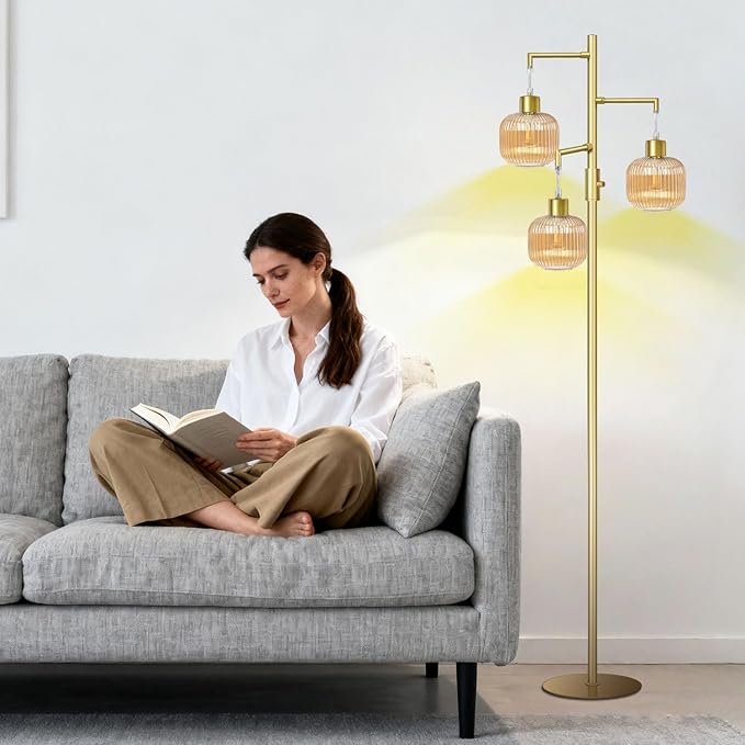 Floor Lamp with Amber Glass Shade, Dimmable Standing Lamp for Living Room, Modern Mid Century 3 Lights Tall Tree Lamp, Rotary Switch, 3 x 6W LED Bulbs Included