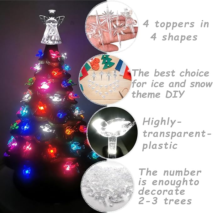 117Pcs Ceramic Christmas Tree Clear White Dove Bird Replacement Lights Bulbs and 1 Angel/3Stars Topper Ornament for Ceramic Tree Décor - Medium Plastic Pegs.