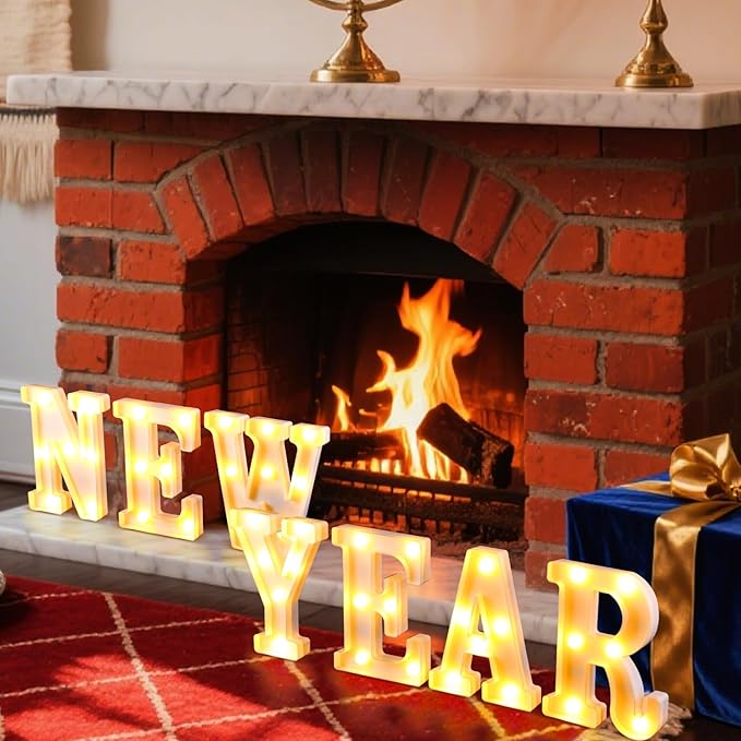 7 Pcs New Year Large LED Letter Sign LED Lights Battery Powered Table Decoration for New Year Christmas Party Tabletop Decoration