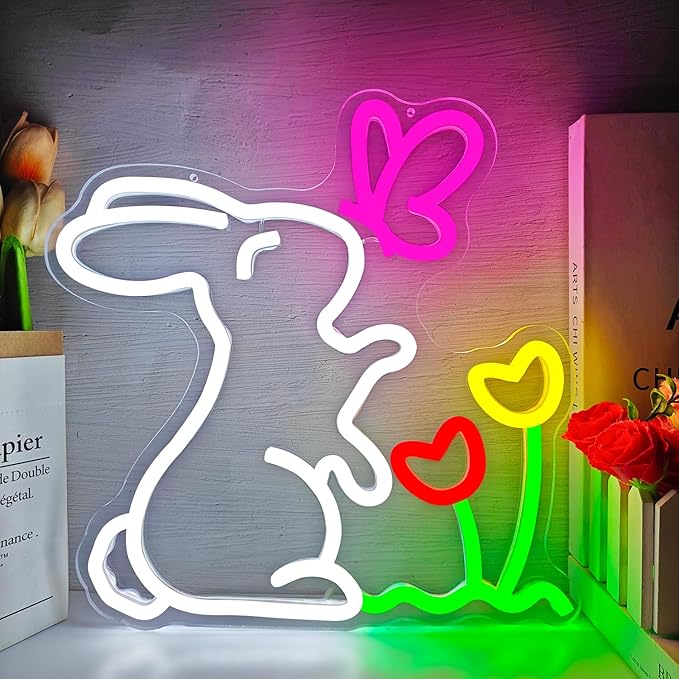 Spring Bunny & Butterfly & Tulip Flower Neon Sign Dimmable Easter Bunny Led Sign Cute Spring Rabbit Neon Light Sign Easter Window Lights Gardening Gifts