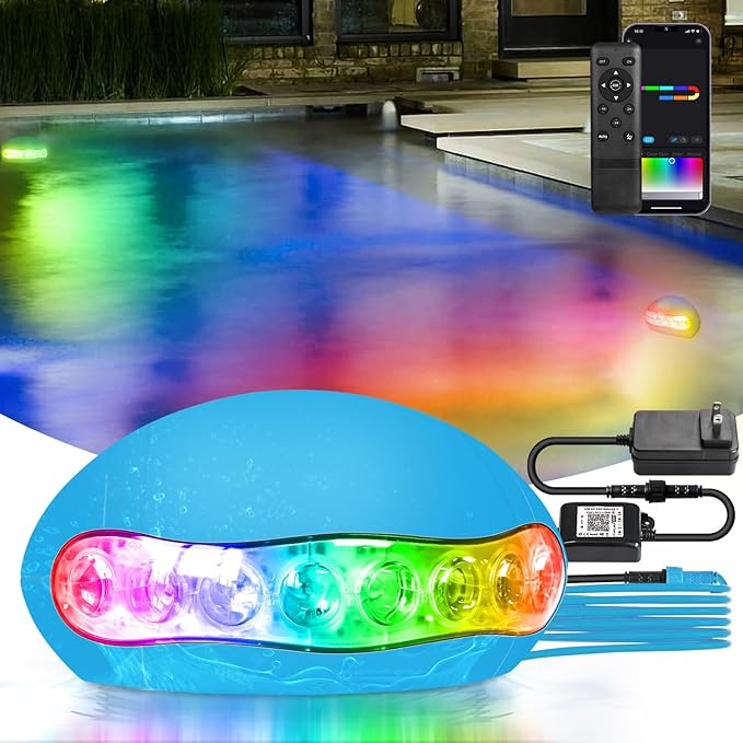 INDARUN 5V RGB Color Changing Led Pool Light with Smart IC, 15W Low Power Underwater Pool Light with Remote Control, IP68 Waterproof, for Pool Party, Fountain, Pond, Garden