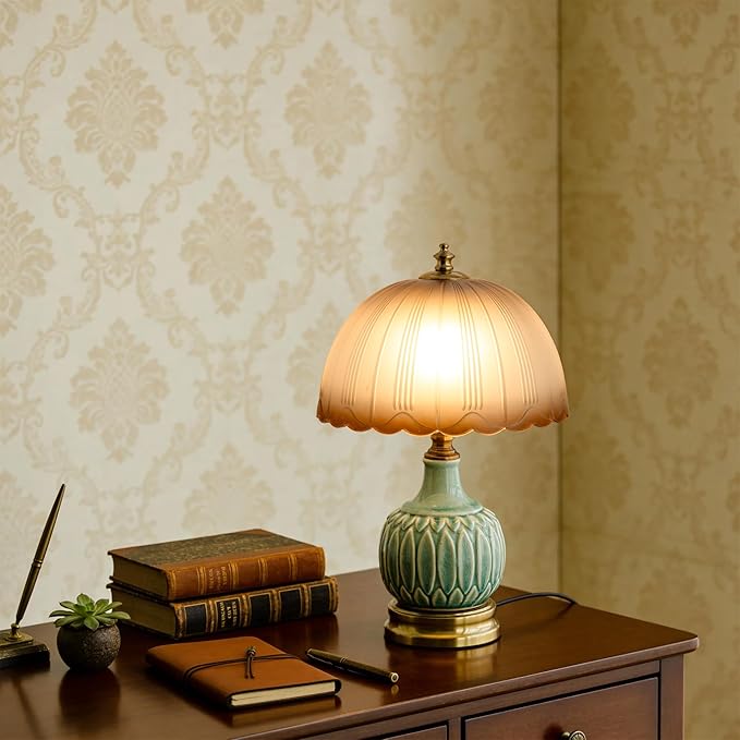 Mid-Century Modern Table Lamp, Green Bamboo Ceramic Base with Scalloped Gradient Glass Shade, 3-Color Dimmable LED Bedside Lamp for Bedroom & Living Room, Aesthetic Home Decor, Bulb Included