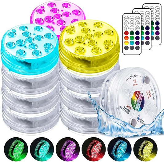 LOFTEK Submersible LED Lights with Remote, 13 LED Pool Lights for Inground Above Ground Pool with Magnets &Suction Cups,16 Color Changing Underwater Light for Pond Battery Operated, 12 Pack