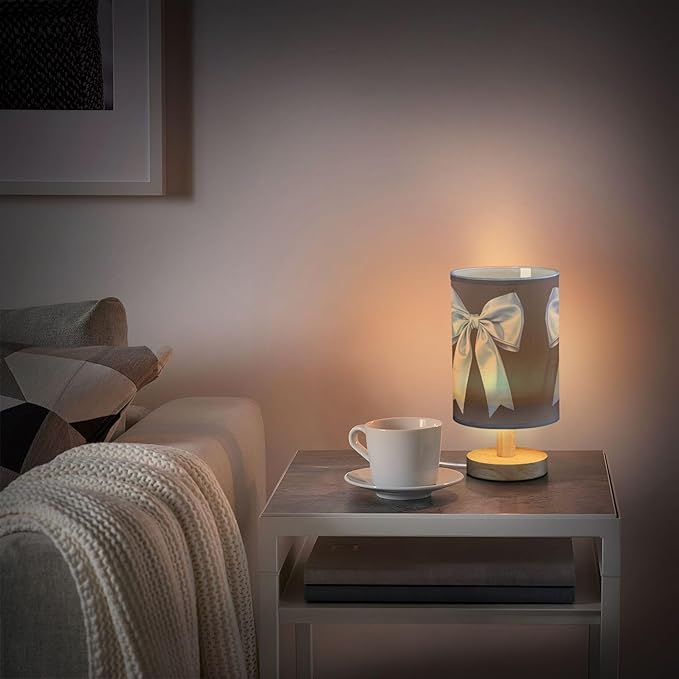 Light Blue Bow Ribbon Table Lamp with Wood Base Fabric Lamp Shade Bedside Nightstand Desk Lamp for Living Room Bedroom Kids Room Office