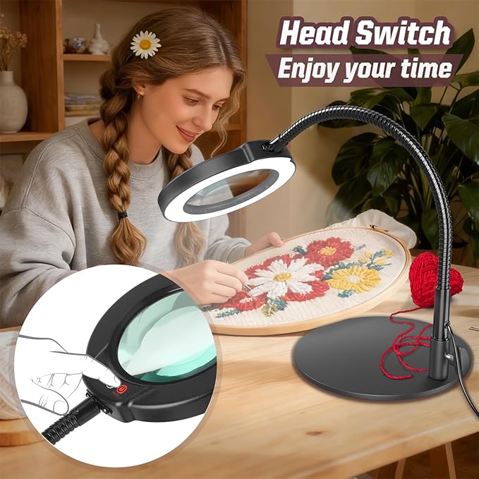 10X Magnifying Glass with Light and Stand, 16.5in Flexible Goose-Neck, 5 Color Modes Stepless Dimmable LED Lighted Desk Lamp, Hands Free Magnifier for Crafting Hobby Painting Close Work - Black