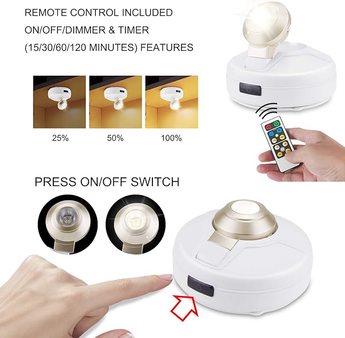 LUXSWAY Wireless Led Spotlight,Battery Operated Accent Lighting with 2 Remote Control,Wireless Art Light for Paintings,Rotatable Light Head,Stick on Lights for Picture Painting Closet,Timer Auto Off