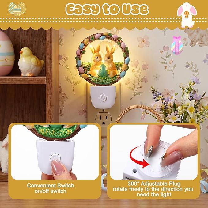 VIHOSE Easter Night Light Easter Bunny Light Decoration Plug into Wall LED Nightlight Resin Egg Wreath Flower Bunny Decorative Lamp for Spring Indoor Bedroom Room Home Nursery Rabbit Lighting Gifts