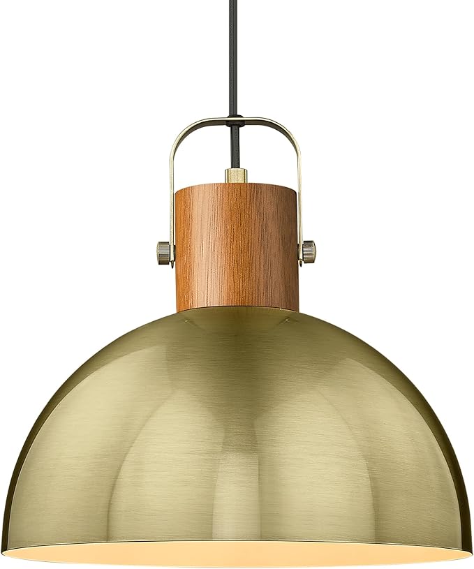 ELYONA Dome Pendant Light, 12" Rubber Wood Hanging Lamp with Vintage Gold Metal Shade, Mid Century Modern Pendant Light Fixtures for Kitchen Island Farmhouse Dining Living Room Hallway, Brushed Brass