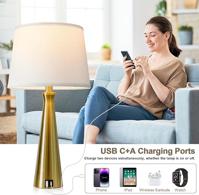 Seealle Modern Table Lamps Set of 2 - Touch Bedside Lamp for Nightstand with USB C+A,3-Way Dimmable Coppery Nightstand Lamps for Living Room Bedroom End Table with White Shade(Bulb Included)