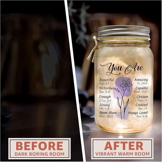 Religious Gifts for Women Christian Mason Jar Lamp - Easter Mothers Day Inspiration for Mom Bible Encouragement Gifts for Women - Faith Jar 14oz Nightlight Bible Scripture for Mom Nana Girlfriend
